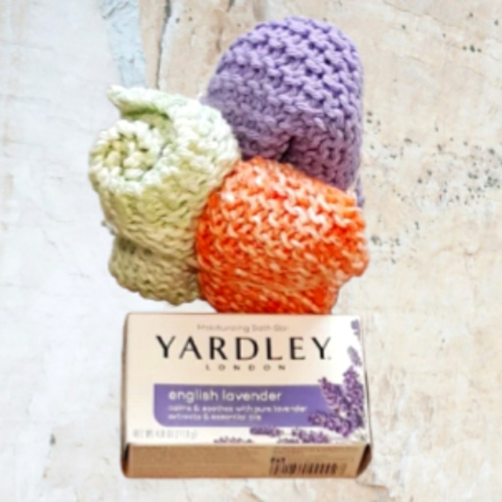 3 Handmade Crochet Washcloths + Lavender Bar Soap / 8" x 8" Soft Knit Cloth